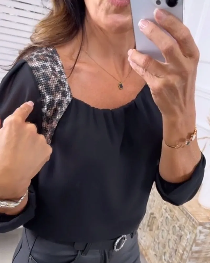 Fashionable Long-Sleeved Leopard Print Blouse