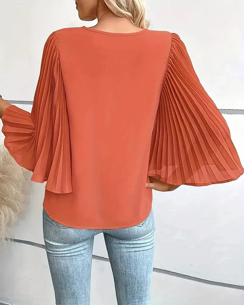 Fashionable solid color V-neck butterfly sleeves blouse