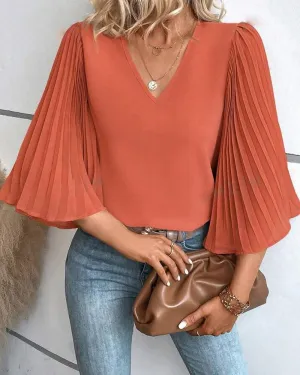 Fashionable solid color V-neck butterfly sleeves blouse
