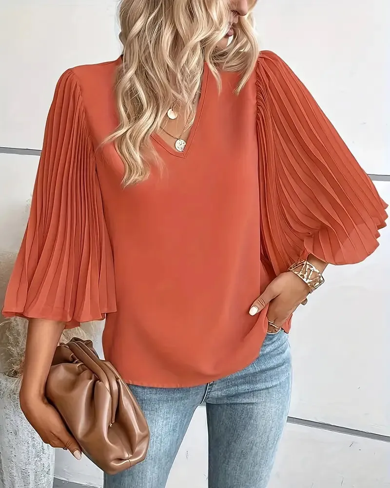 Fashionable solid color V-neck butterfly sleeves blouse