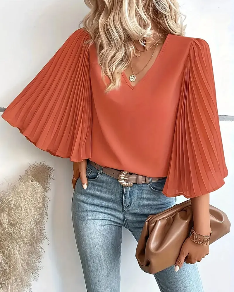 Fashionable solid color V-neck butterfly sleeves blouse