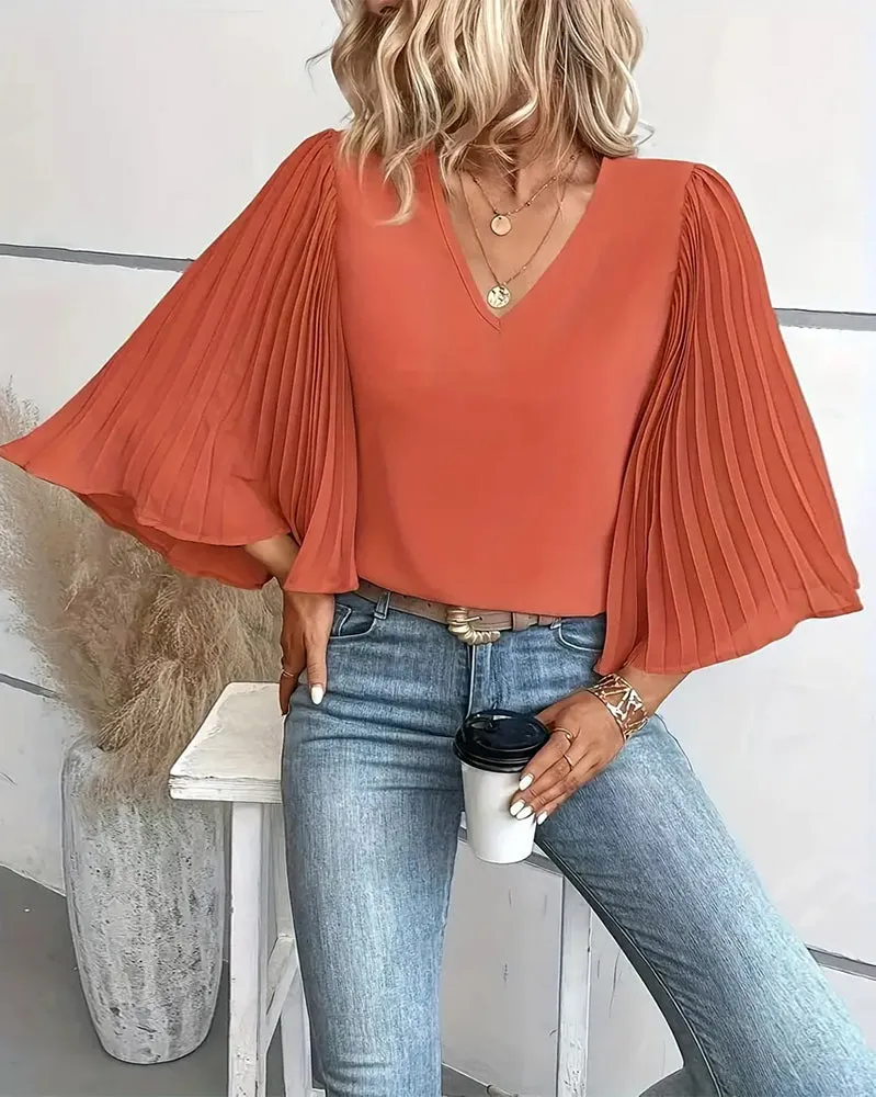 Fashionable solid color V-neck butterfly sleeves blouse