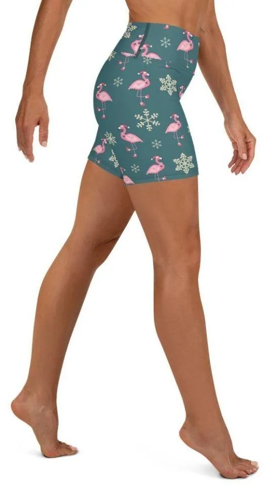 Festive Flamingos Yoga Shorts