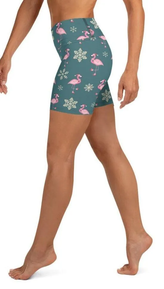 Festive Flamingos Yoga Shorts