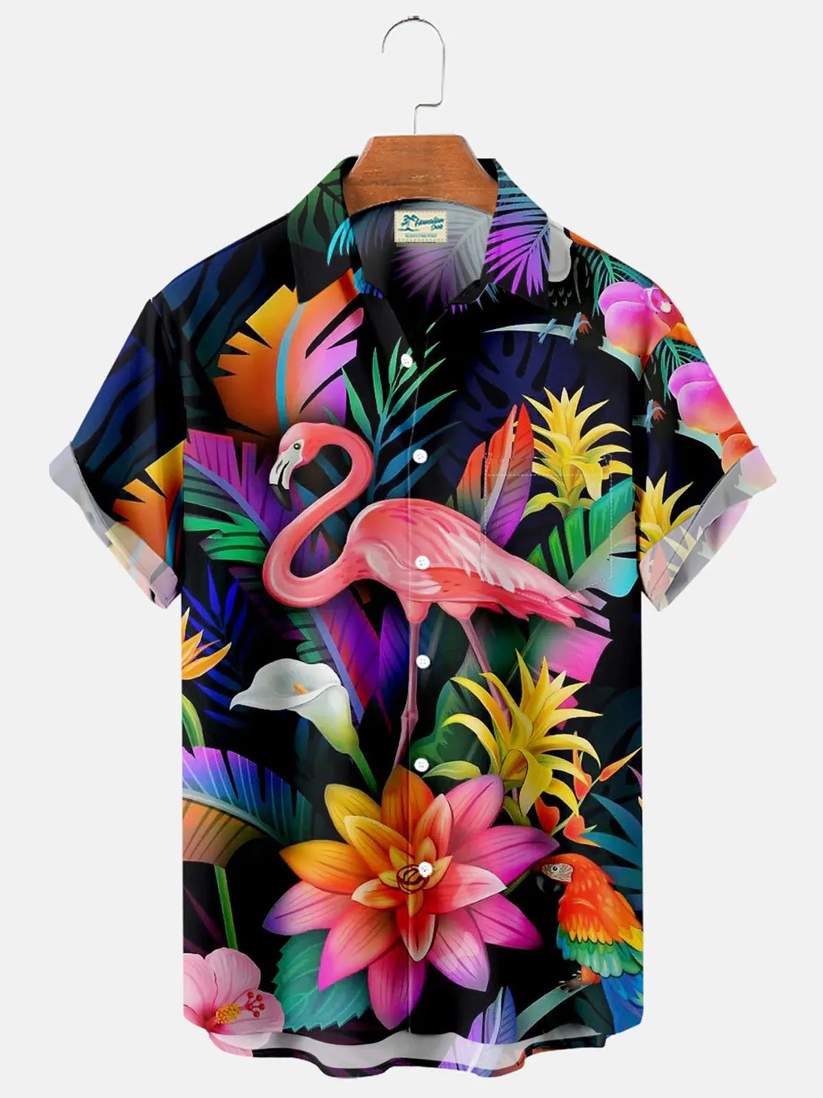 Flamingo Bird With Tropical Flowers Print Men's Fashion Hawaiian Shirts Breathable Plus Size Shirts