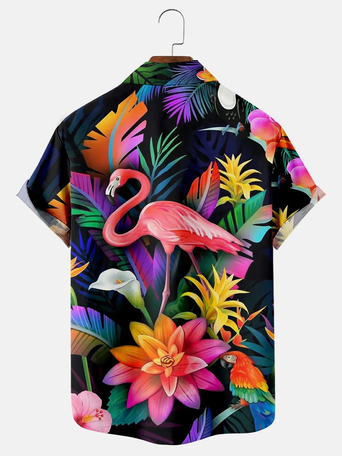 Flamingo Bird With Tropical Flowers Print Men's Fashion Hawaiian Shirts Breathable Plus Size Shirts