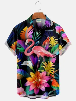 Flamingo Bird With Tropical Flowers Print Men's Fashion Hawaiian Shirts Breathable Plus Size Shirts