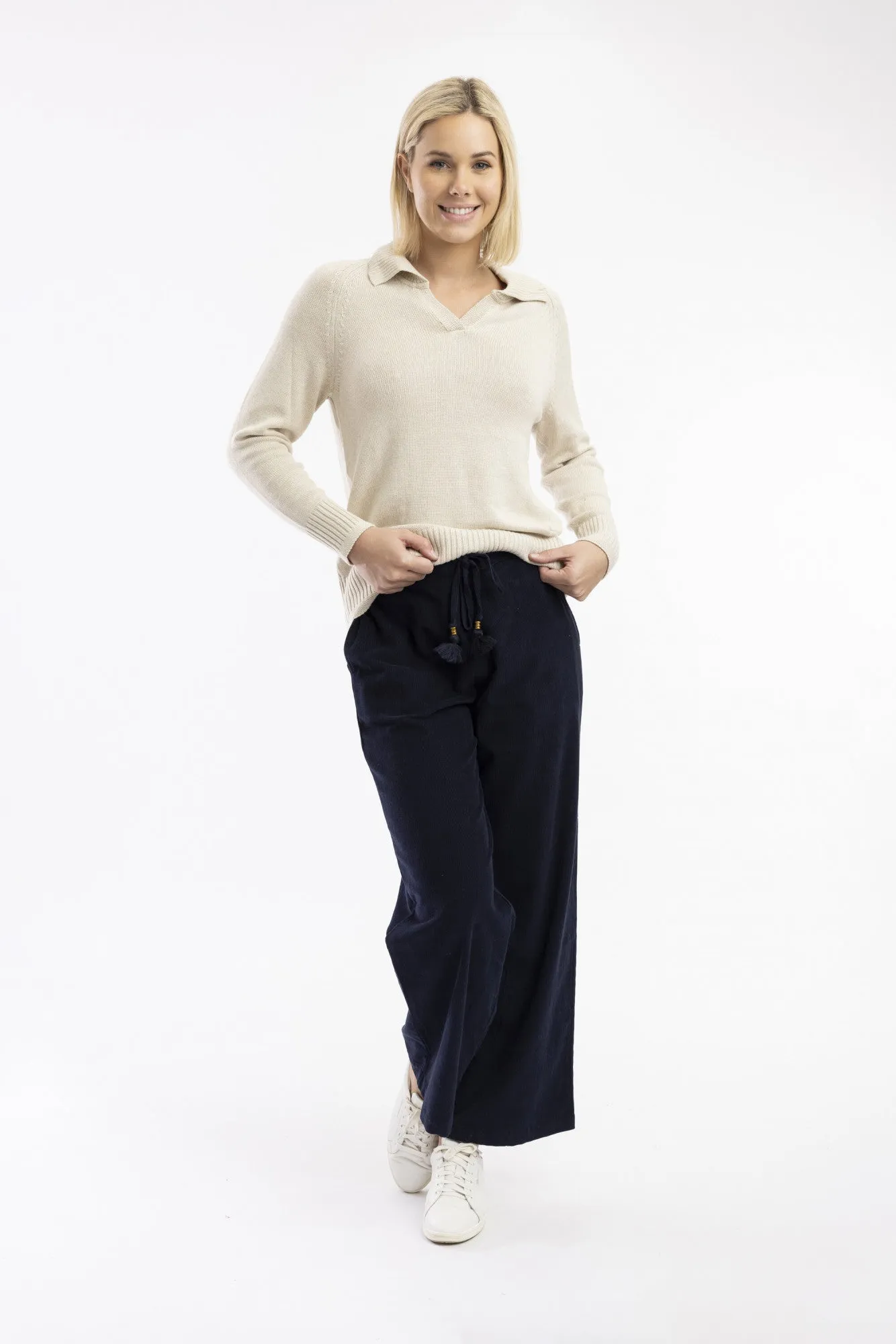 Flared Cord Solid Trouser By Orientique - Navy