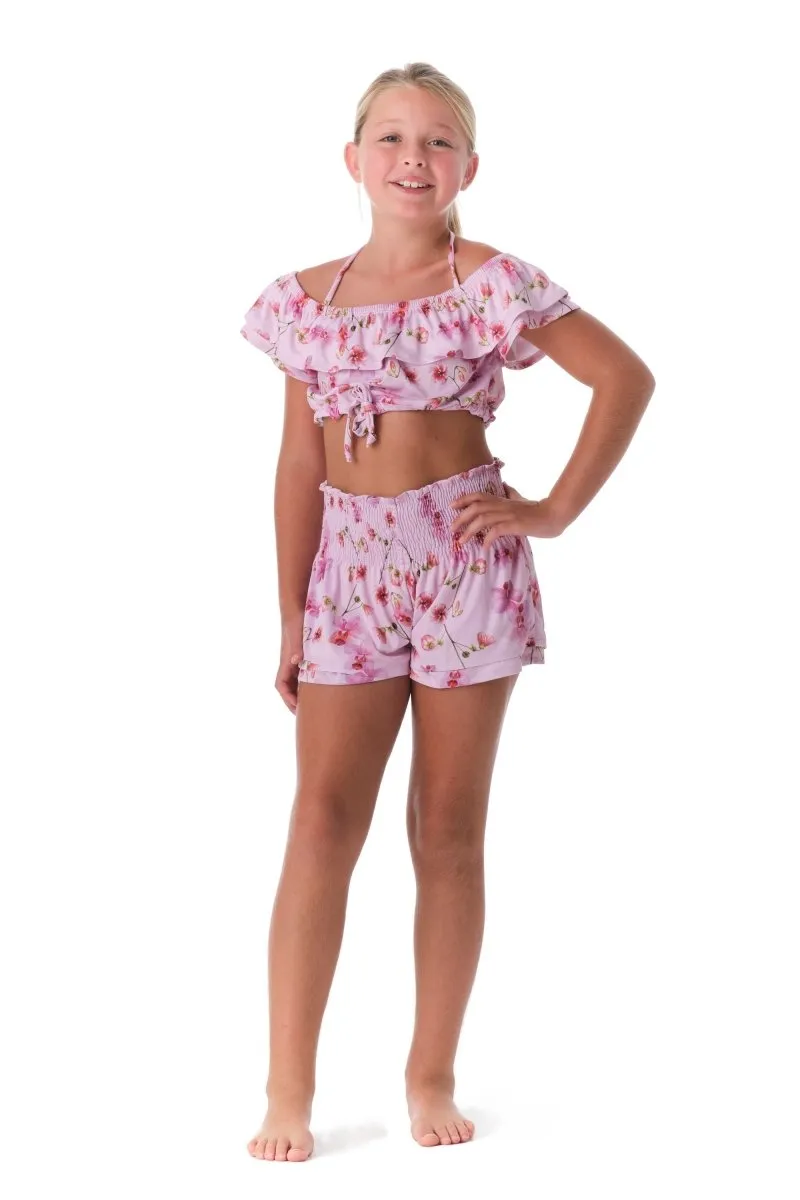 FLORAL ORCHIDS RUFFLE CROP TOP