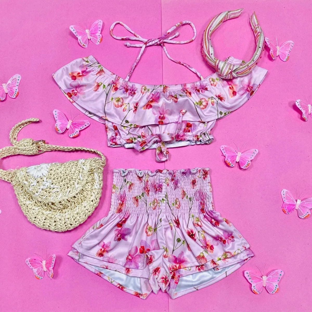 FLORAL ORCHIDS RUFFLE CROP TOP