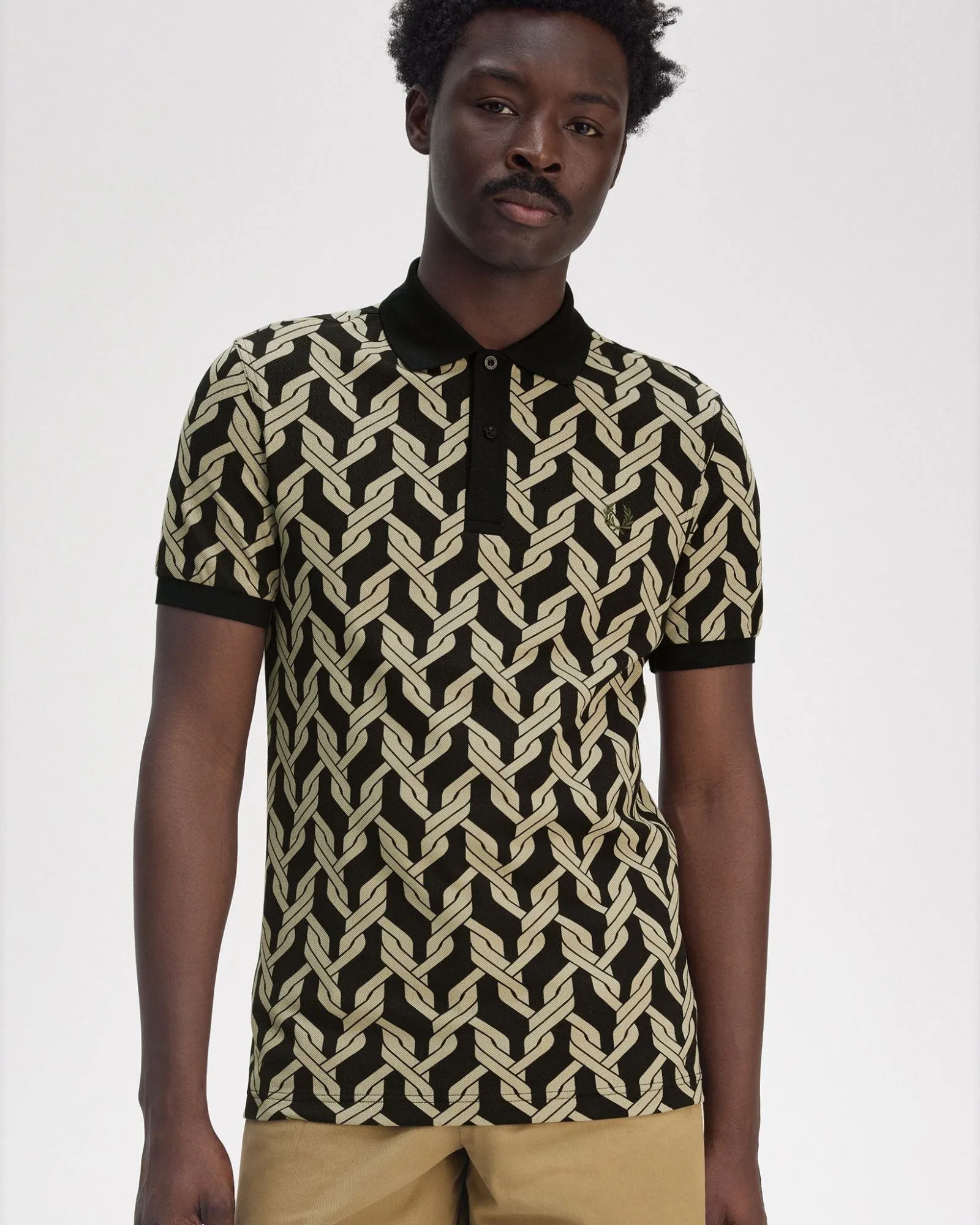 Fred Perry Cable Knit Print Polo Shirt - Black