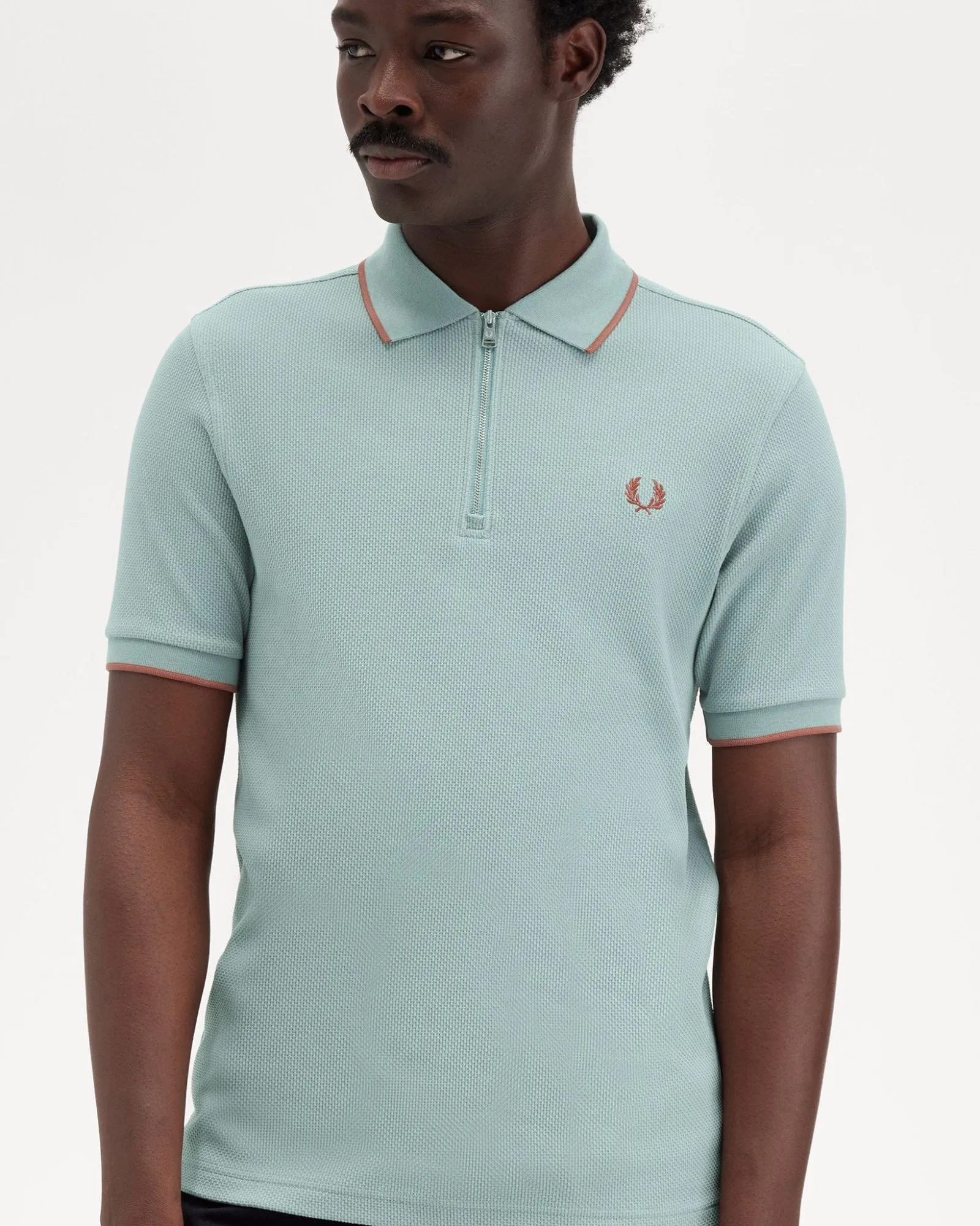 Fred Perry Textured Zip Neck Polo Shirt - Silver Blue
