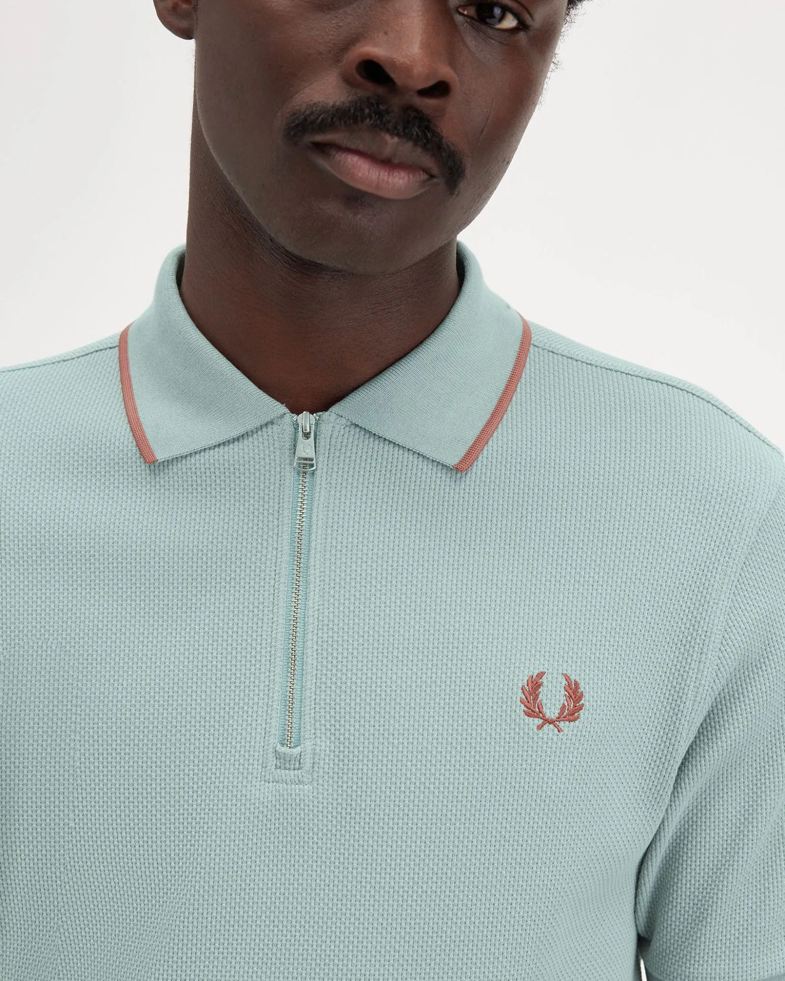 Fred Perry Textured Zip Neck Polo Shirt - Silver Blue