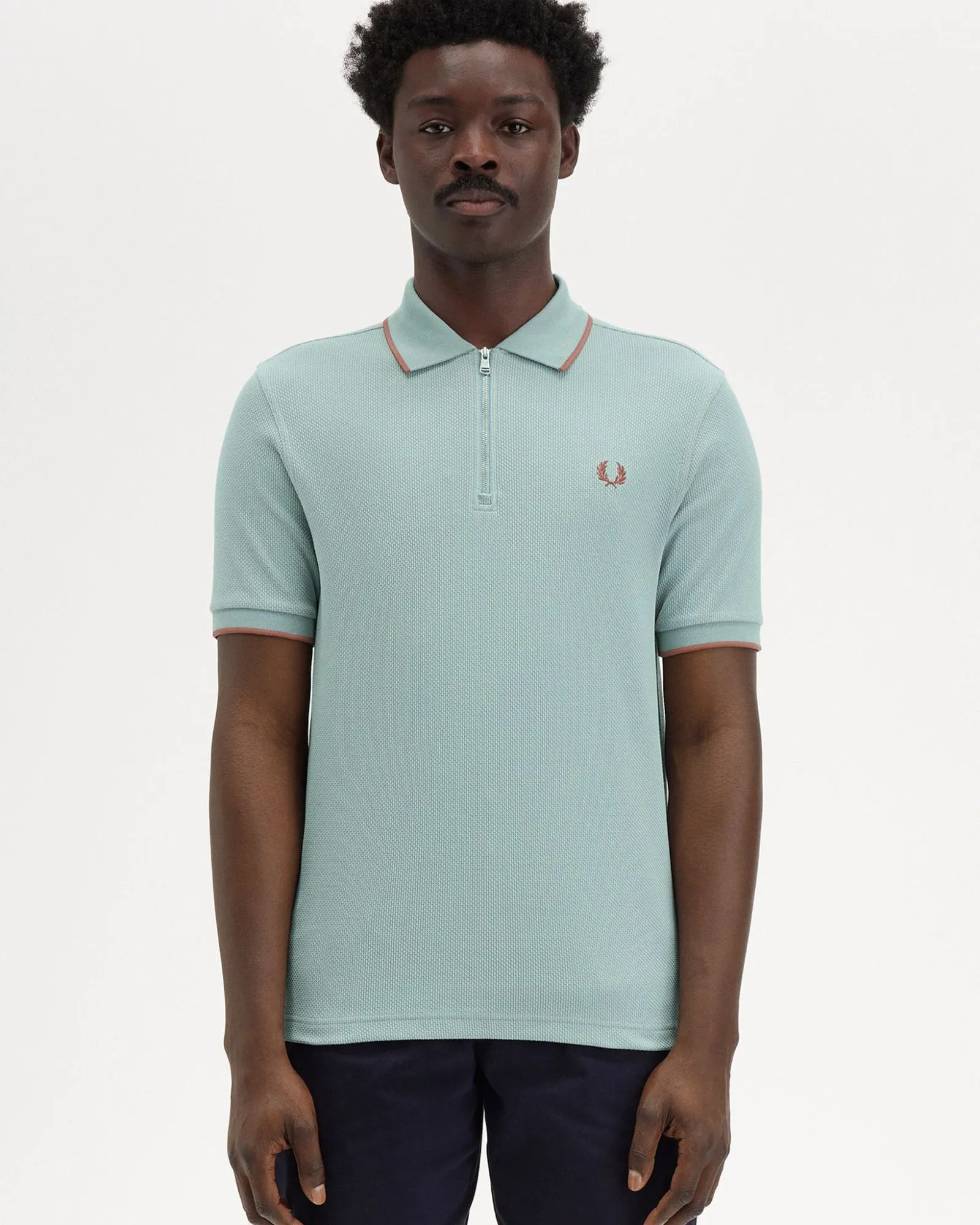 Fred Perry Textured Zip Neck Polo Shirt - Silver Blue