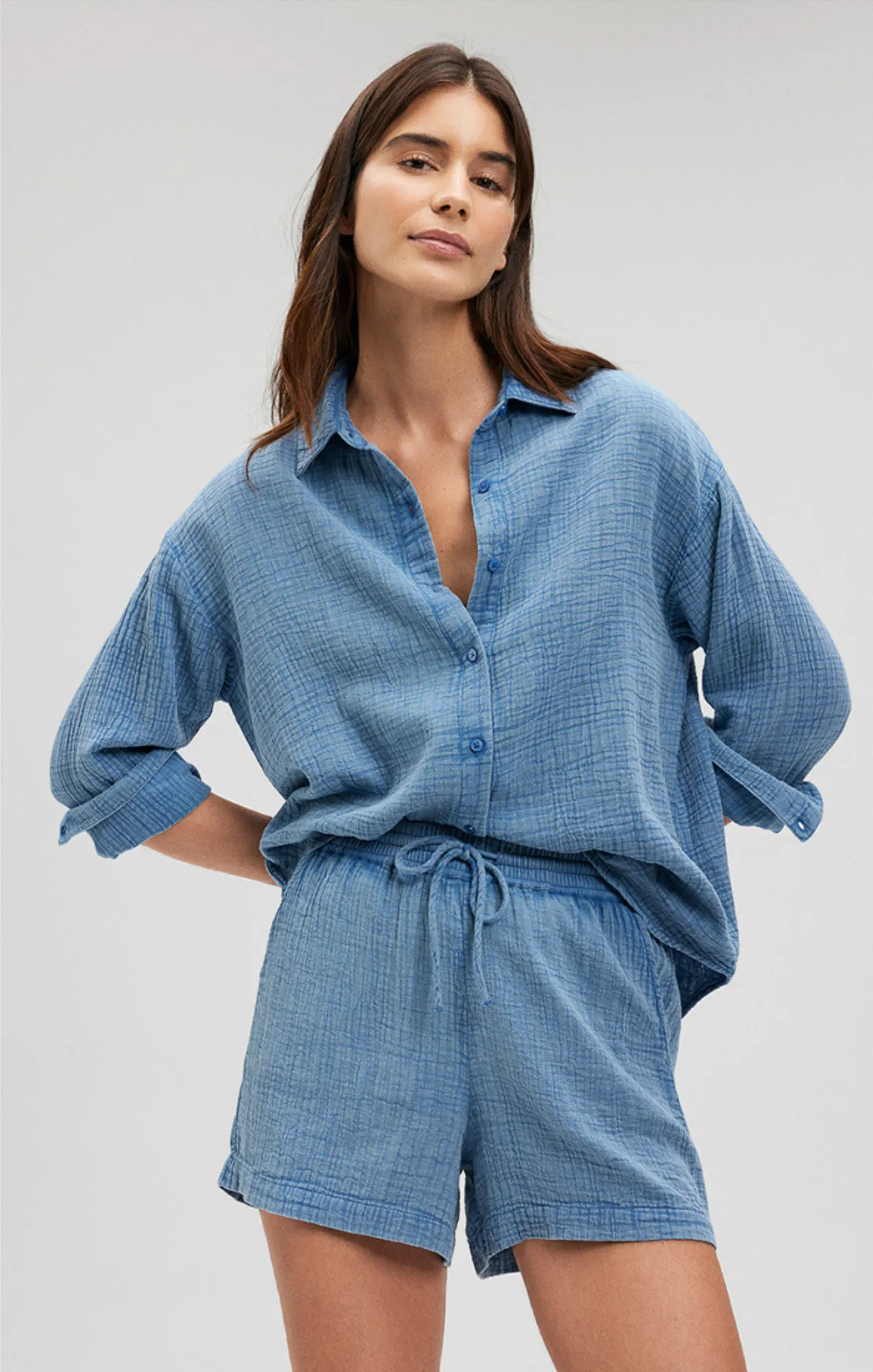 GAUZE LONG SLEEVE SHIRT IN CORONET BLUE
