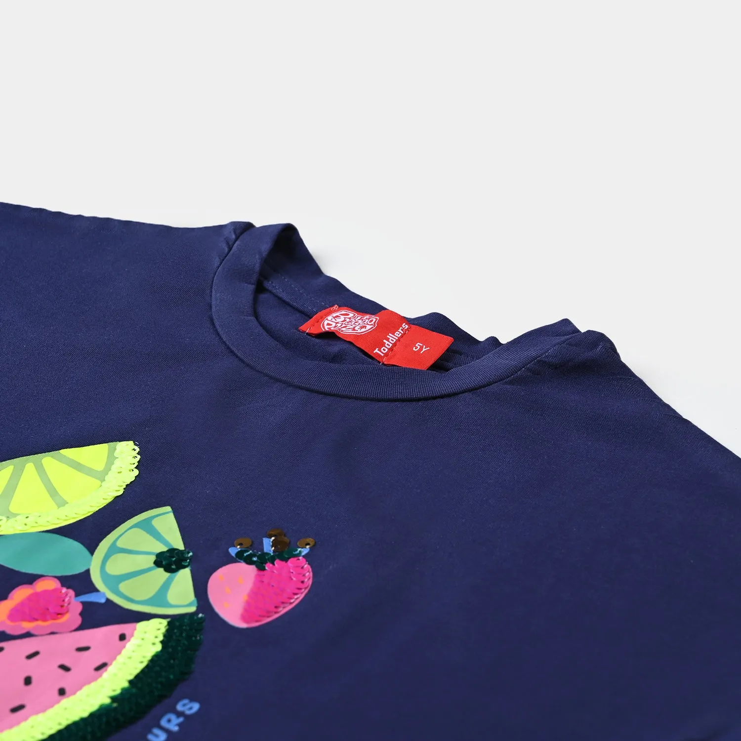 Girls Lycra Jersey T-Shirt Fruits-NAVY