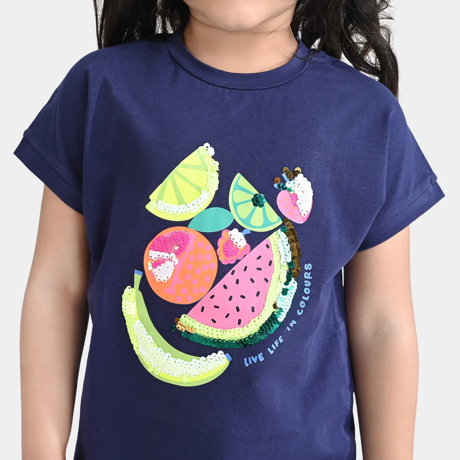 Girls Lycra Jersey T-Shirt Fruits-NAVY