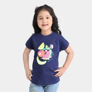 Girls Lycra Jersey T-Shirt Fruits-NAVY