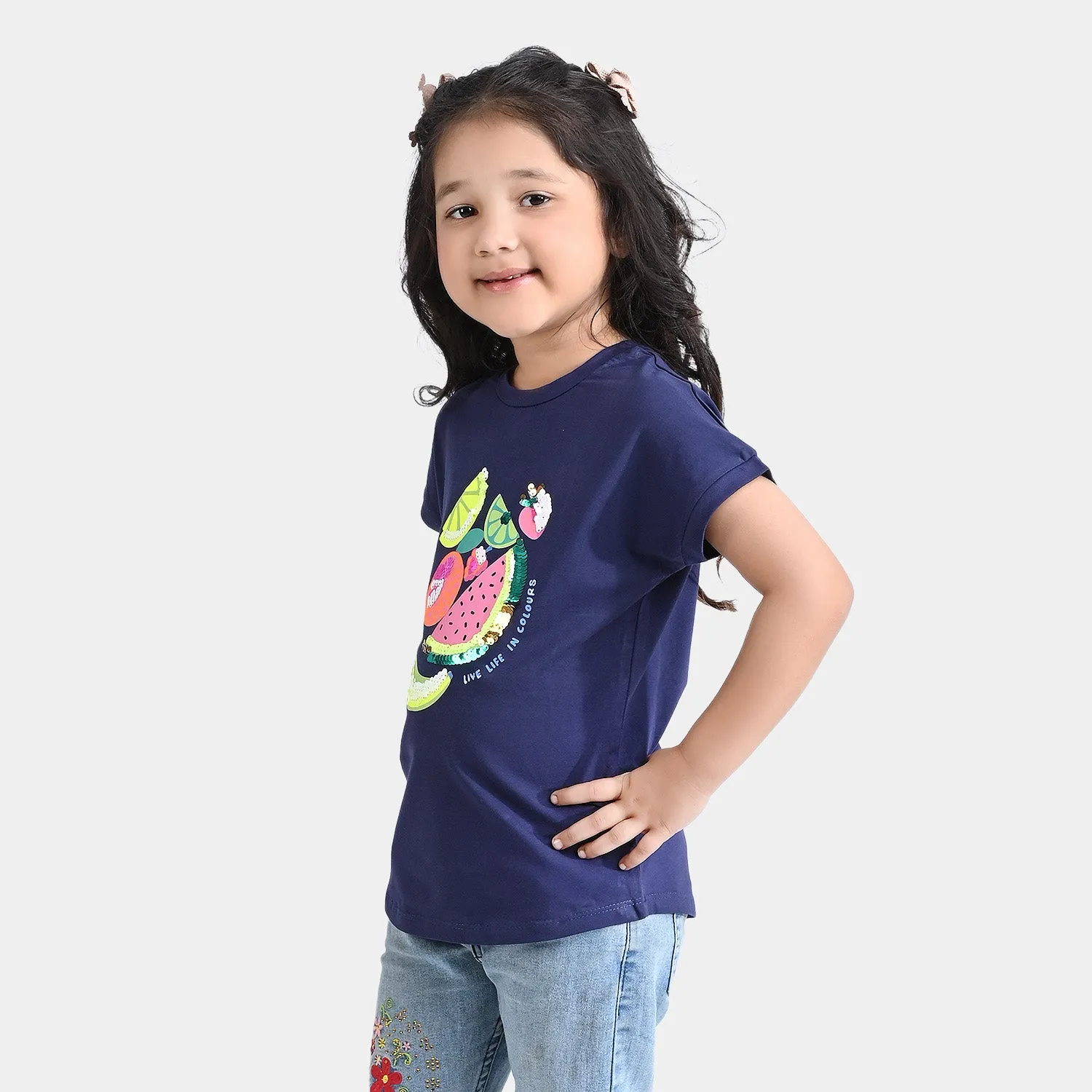 Girls Lycra Jersey T-Shirt Fruits-NAVY