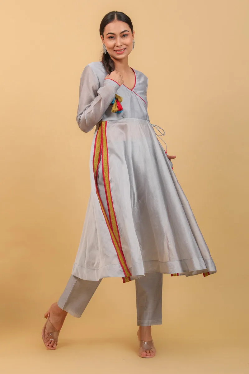 Grey Chanderi Handloom Anarkali Set With Lace details (Set of 2)