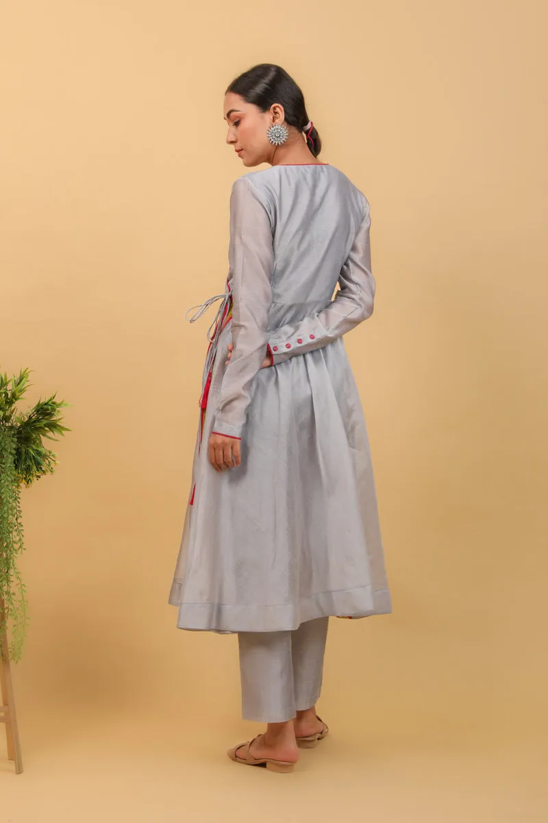 Grey Chanderi Handloom Anarkali Set With Lace details (Set of 2)