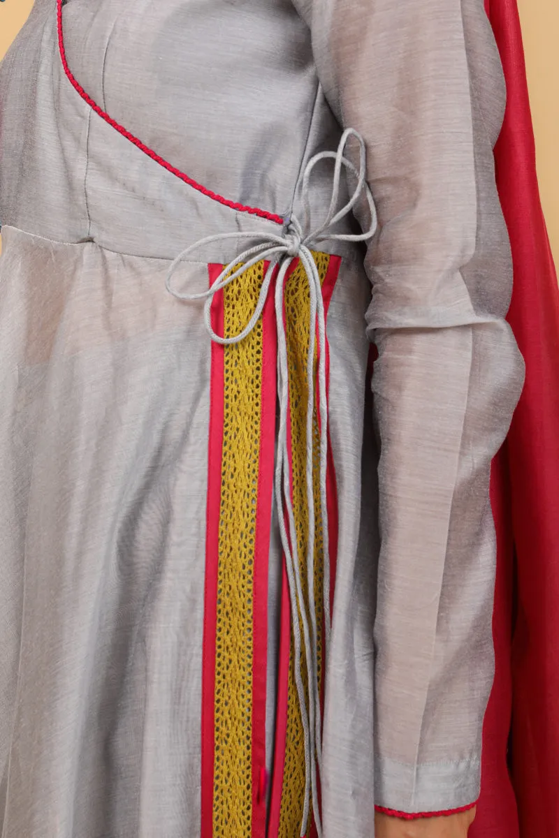 Grey Chanderi Handloom Anarkali Set With Lace details (Set of 2)