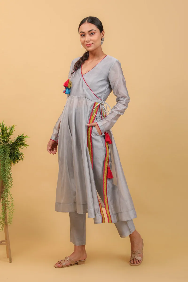 Grey Chanderi Handloom Anarkali Set With Lace details (Set of 2)