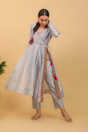 Grey Chanderi Handloom Anarkali Set With Lace details (Set of 2)