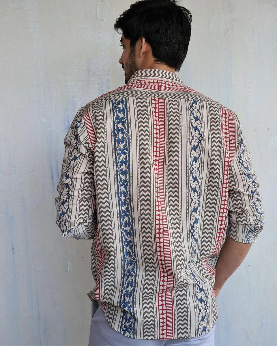 Ivory Block-Printed Men'S Shirt