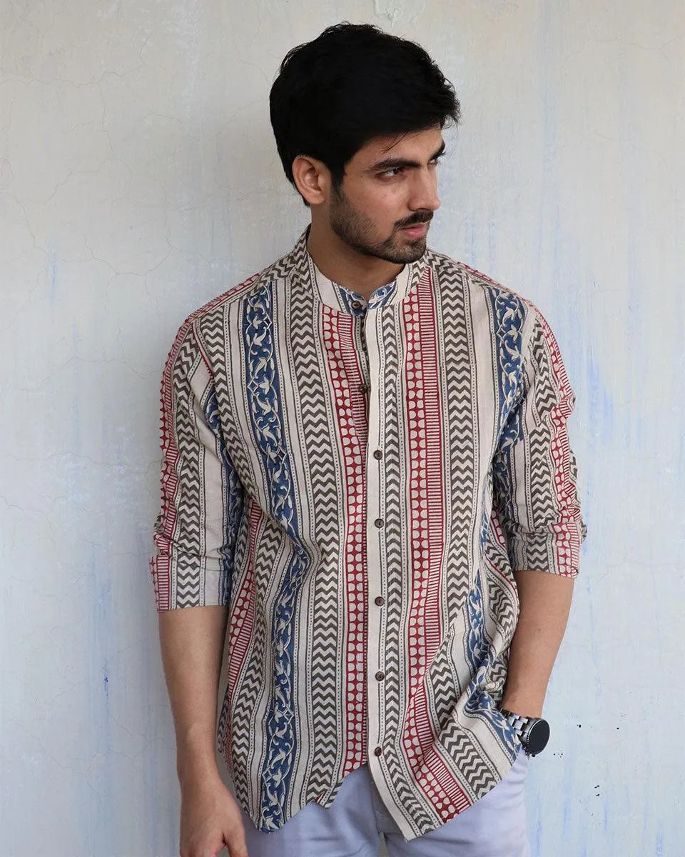 Ivory Block-Printed Men'S Shirt