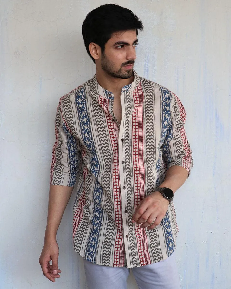 Ivory Block-Printed Men'S Shirt