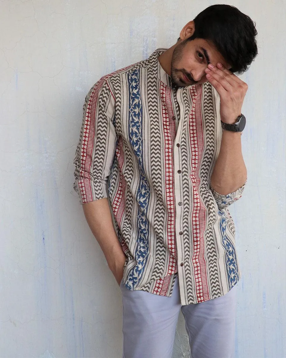 Ivory Block-Printed Men'S Shirt