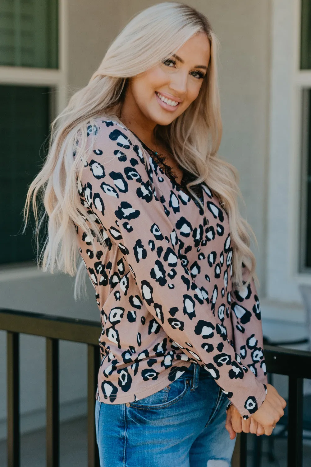 Leopard Print Lace Trim V Neck Top