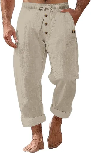 Linen Pants for Men Elastic Waist Drawstring Pants Beach Harem Summer Lounge Pants Lightweight Linen Trouser