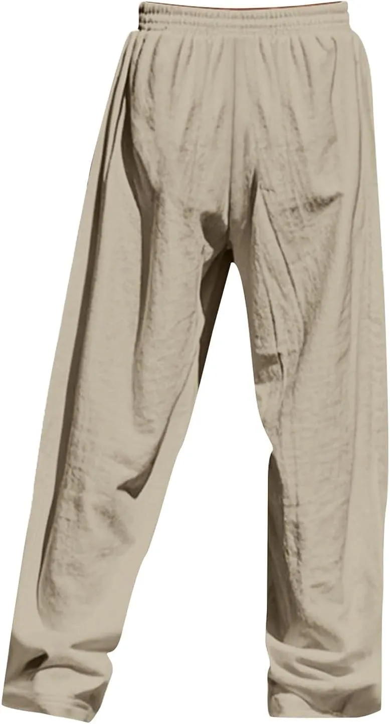 Linen Pants for Men Elastic Waist Drawstring Pants Beach Harem Summer Lounge Pants Lightweight Linen Trouser