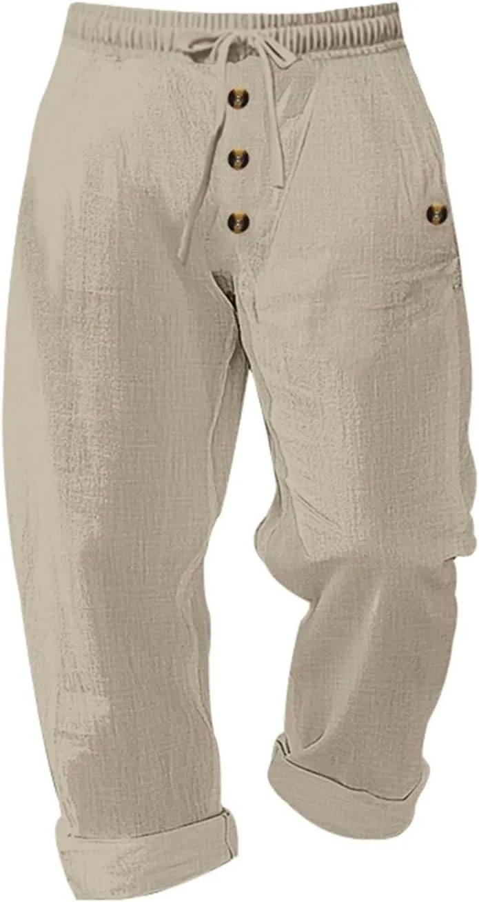 Linen Pants for Men Elastic Waist Drawstring Pants Beach Harem Summer Lounge Pants Lightweight Linen Trouser