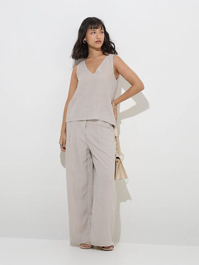 LOV Taupe Stripe Patterned Top