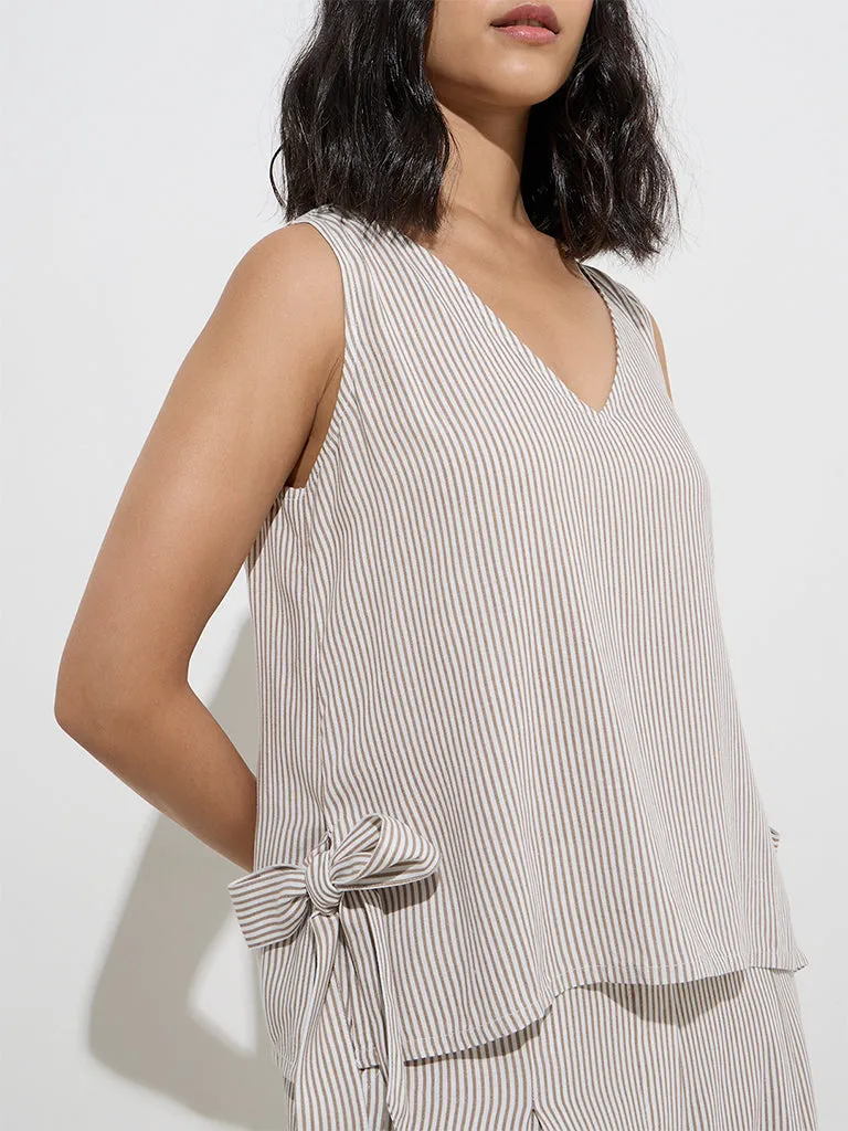 LOV Taupe Stripe Patterned Top