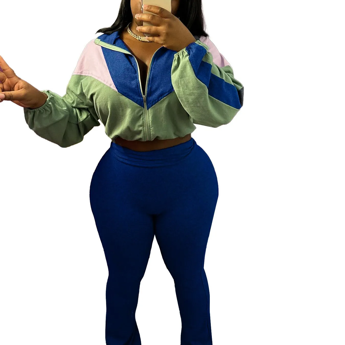 MB FASHION Color-Block Cropped Jacket and High-Waist Flare Pants Set 4060LY