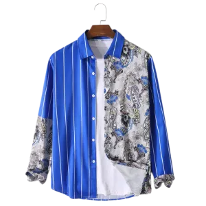 Men Stripe Paisley Patchworok Button Up Casual Long Sleeve Shirts