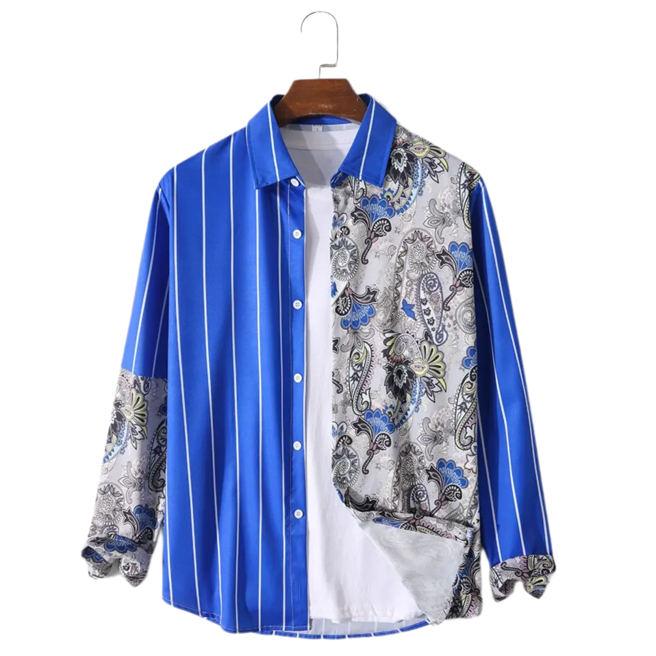 Men Stripe Paisley Patchworok Button Up Casual Long Sleeve Shirts