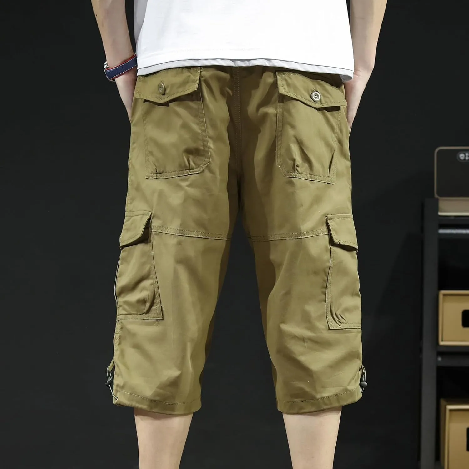 Mens Athletic Pants Casual Stylish Cotton Solid Multi Pockets Cargo Shorts Big and Tall Utility Tooling Shorts