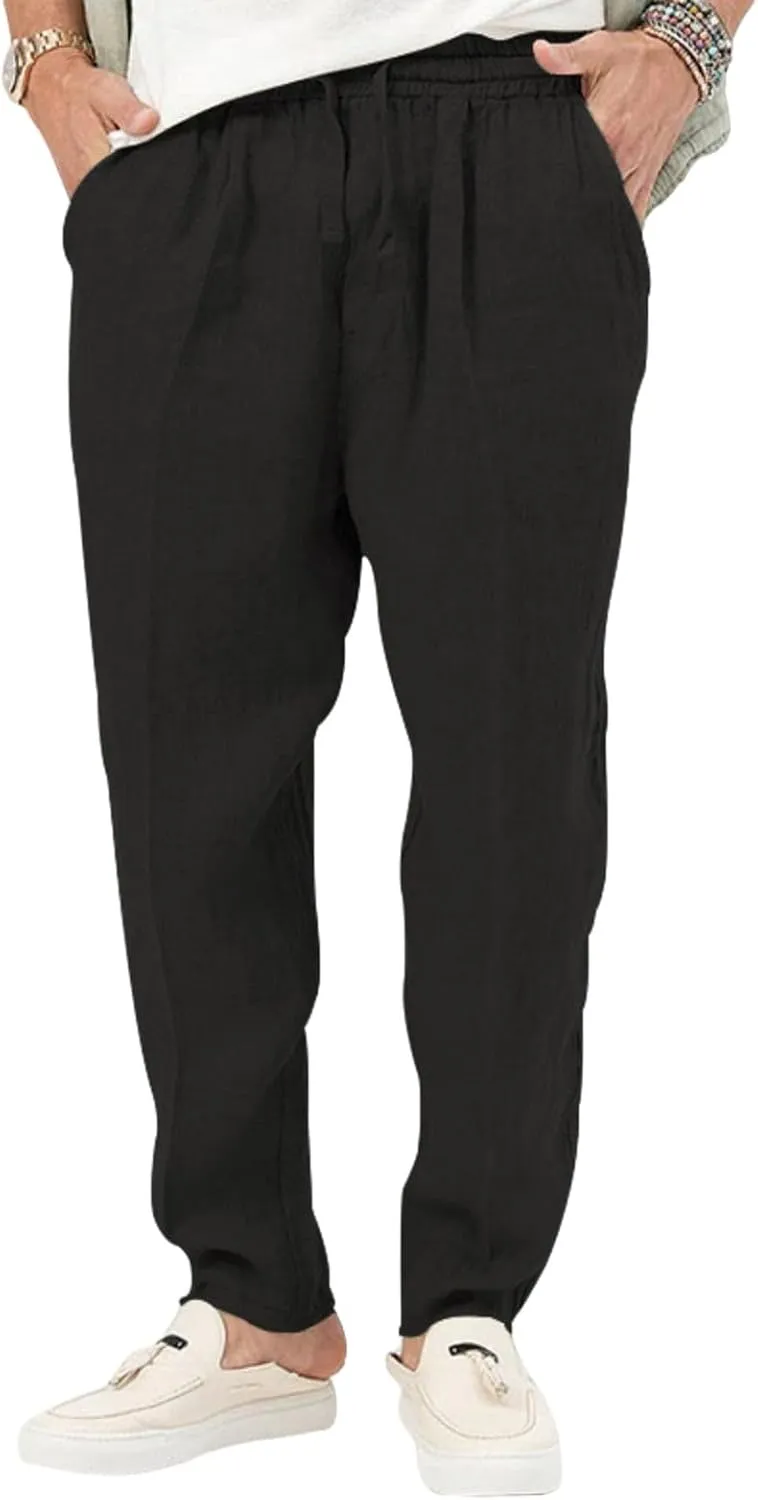 Mens Casual Lightweight Linen Pants Elastic Waist Drawstring Trousers Summer Beach Yoga Pants