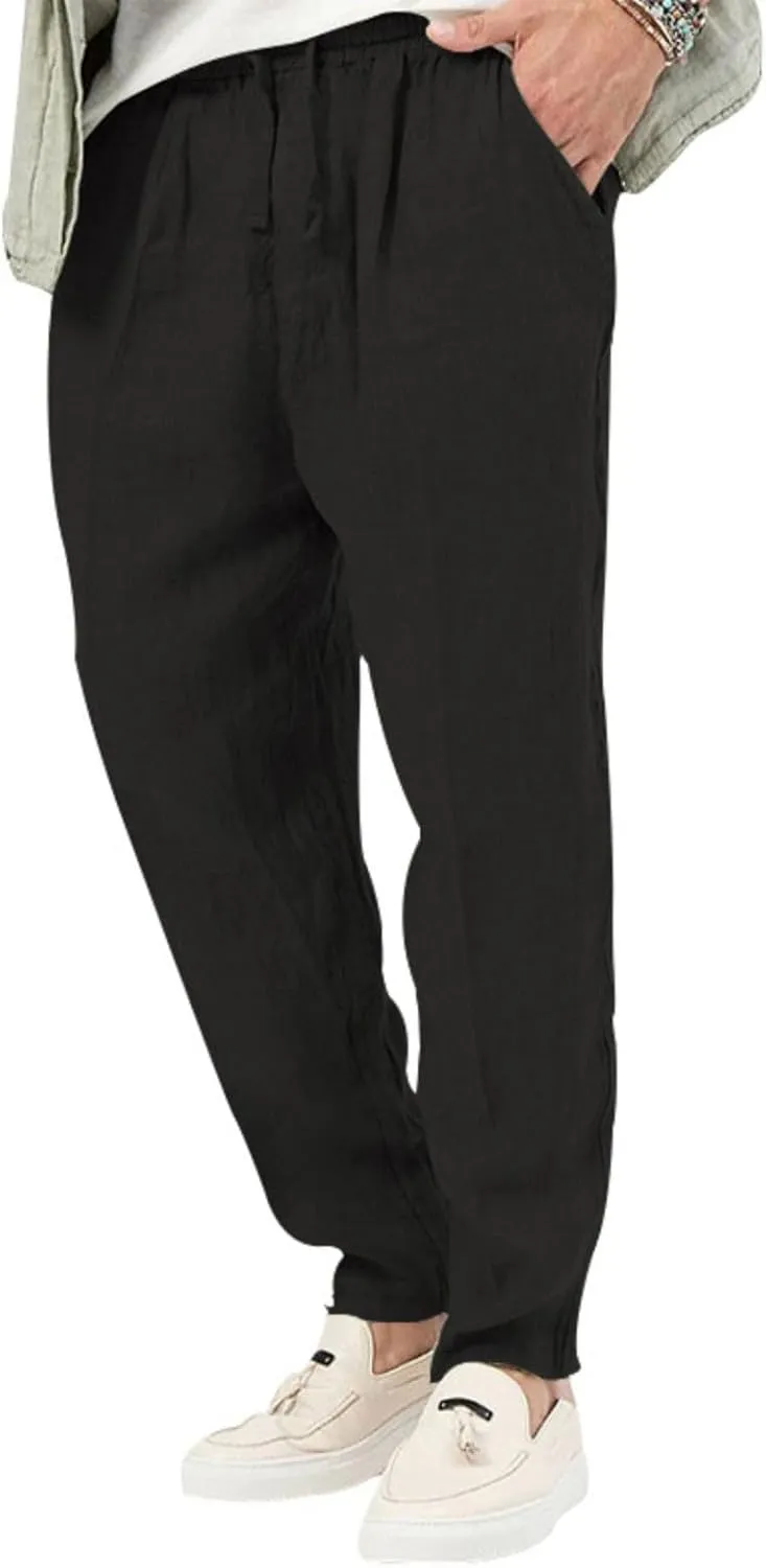 Mens Casual Lightweight Linen Pants Elastic Waist Drawstring Trousers Summer Beach Yoga Pants