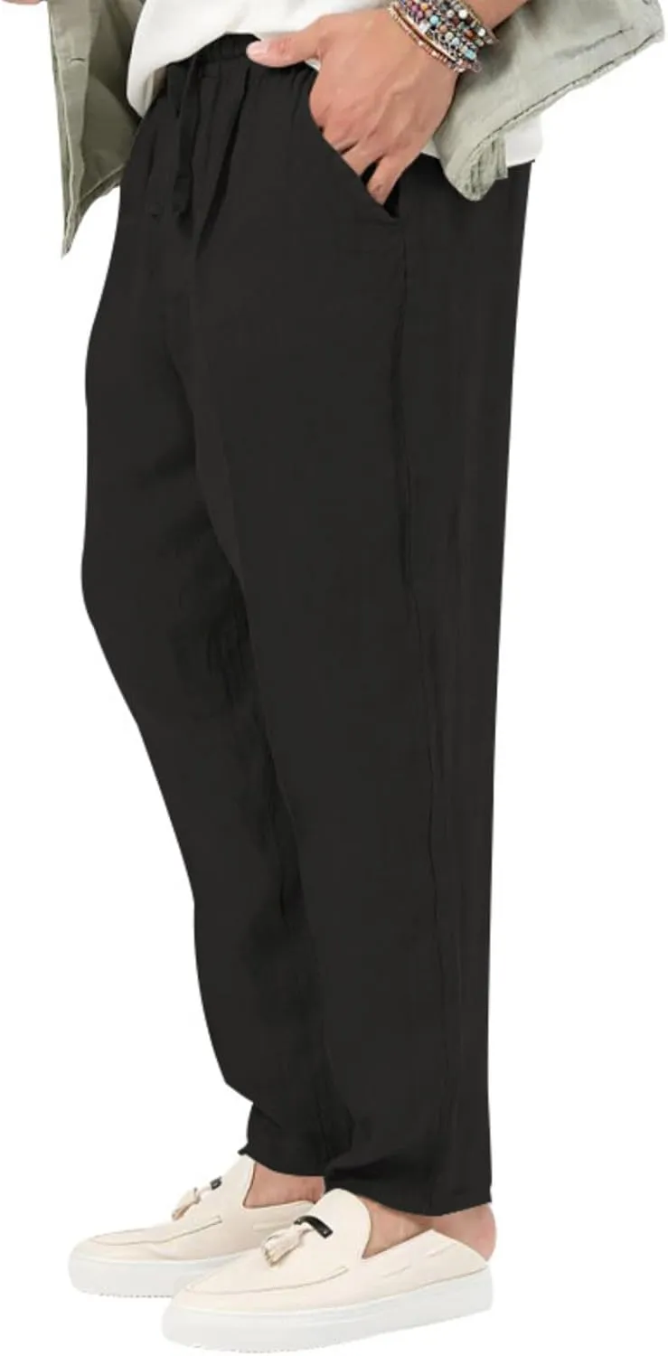 Mens Casual Lightweight Linen Pants Elastic Waist Drawstring Trousers Summer Beach Yoga Pants