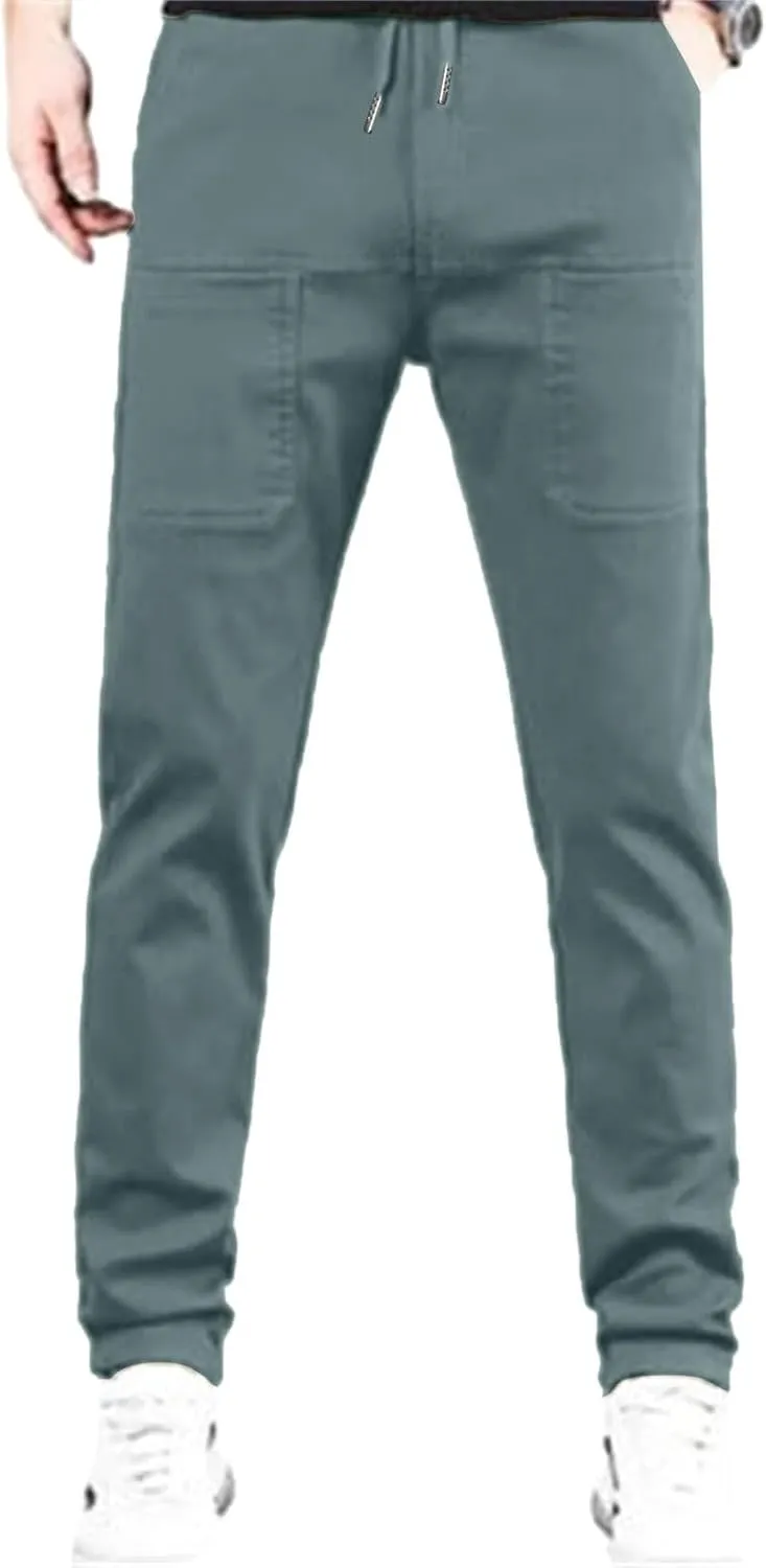 Mens Corduroy Pants Elastic Waist Drawstring Casual Loose Straight Leg Hiking Trousers Slim fit Slacks with Pockets