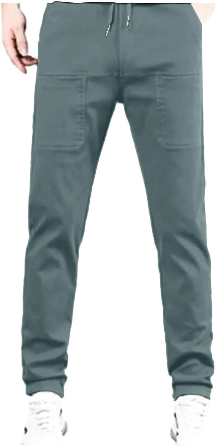 Mens Corduroy Pants Elastic Waist Drawstring Casual Loose Straight Leg Hiking Trousers Slim fit Slacks with Pockets