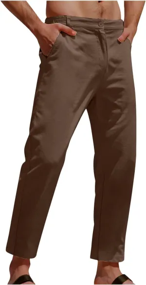 Men's Cotton Linen Pants Stretch Waist Lightweight Casual Pants Slim Fit Yoga Beach Trousers with Pockets