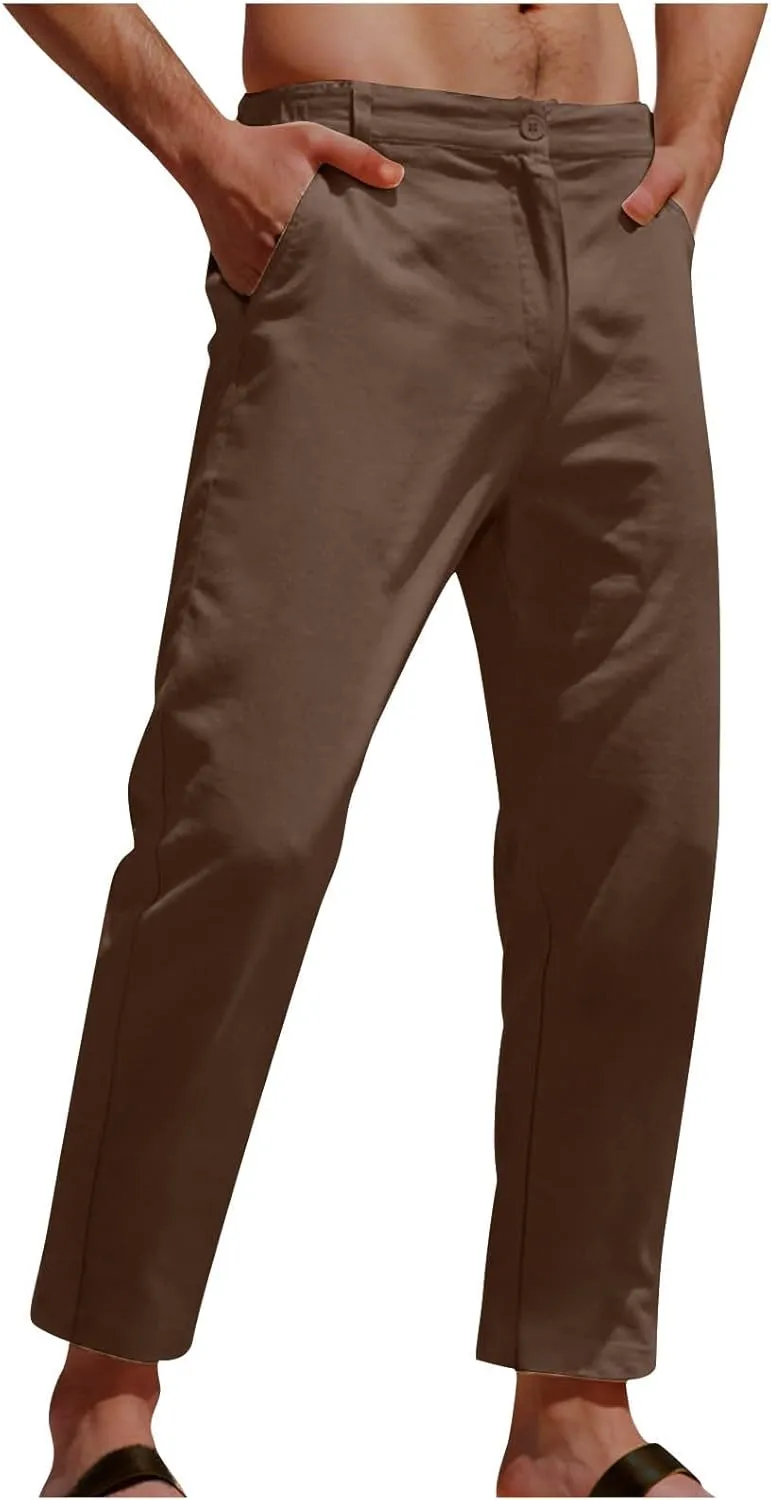 Men's Cotton Linen Pants Stretch Waist Lightweight Casual Pants Slim Fit Yoga Beach Trousers with Pockets