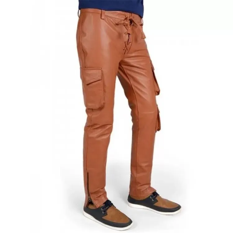 Mens Soft Pure Tan Leather Cargo Pants